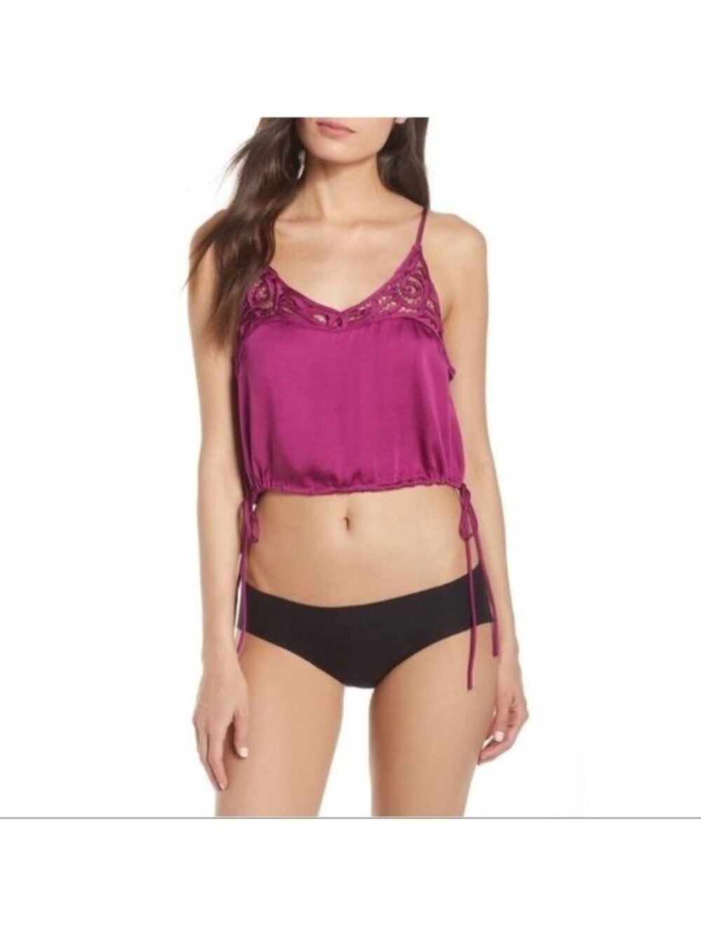 Free People Lace Detail Satin Crop Top With Adjustable Side Ties